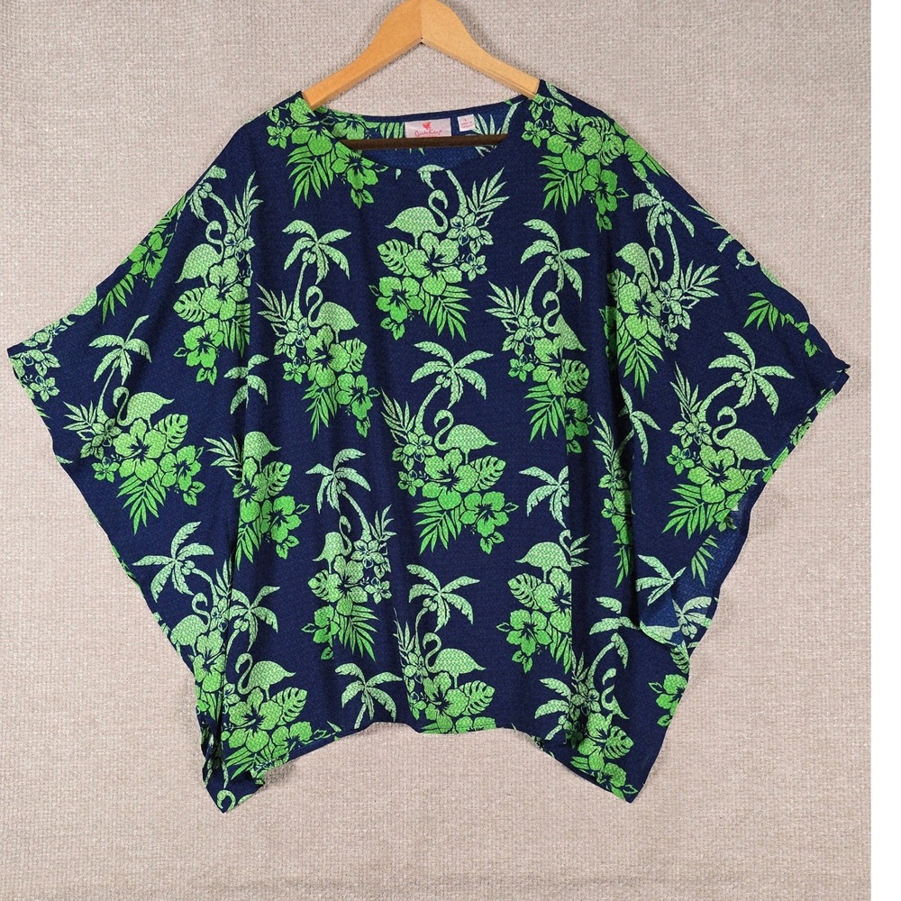 Quacker Factory Womens L Tropical Flamingo Palm Tree Poncho Top‎ Navy Blue Green